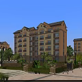 Mediterranean Style Mid Rise Residential Building With Balconies Landscaped Gardens And People Walking