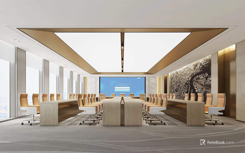 Modern Conference Room Interior Design With Long Table Chairs Large Screen And Decorative Wall 3d model 