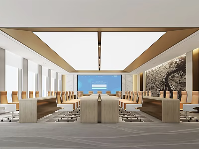 Modern Conference Room Interior Design With Long Table Chairs Large Screen And Decorative Wall 3d model