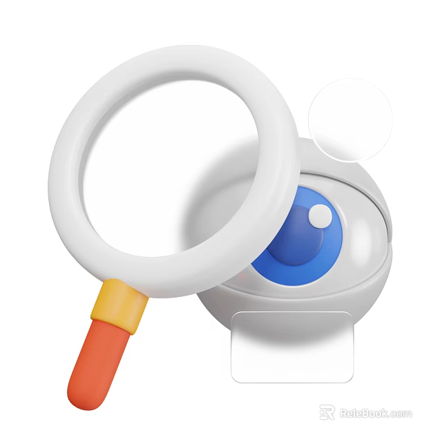 Decorative Ornament Set Featuring White Magnifying Glass With Blue Button Orange Handle And Transparent Base 3d model 