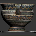 Intricately Carved Ceramic Vessel With Two Handles Colorful Patterns Orange Interior On White Base