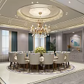 Elegant Private Dining Room Interior With Round Table Chandelier Wall Sconces And Curtains 3d model