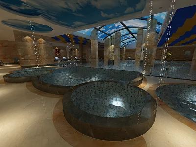 Indoor Luxury Spa Area With Round Stone Pools Blue Sky Ceiling And Glass Arched Roof 3d model