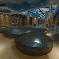 Indoor Luxury Spa Area With Round Stone Pools Blue Sky Ceiling And Glass Arched Roof
