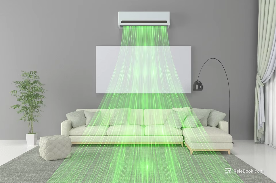 Living Room With Light Colored Sofa Air Conditioner Green Light Floor Lamp And Green Plant 3d model 