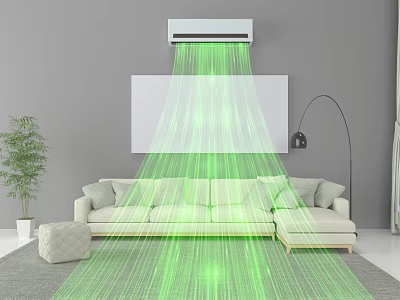 Living Room With Light Colored Sofa Air Conditioner Green Light Floor Lamp And Green Plant 3d model