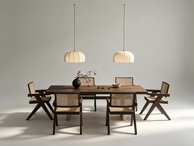 Six Minimalist Wooden Dining Chairs With Woven Seats And Hanging Pendant Lights In Dining Area 3d model