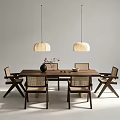 Six Minimalist Wooden Dining Chairs With Woven Seats And Hanging Pendant Lights In Dining Area