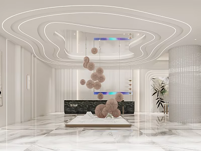 Modern Hotel Lobby Interior Design With Curved Ceiling Lights And Marble Flooring 3d model