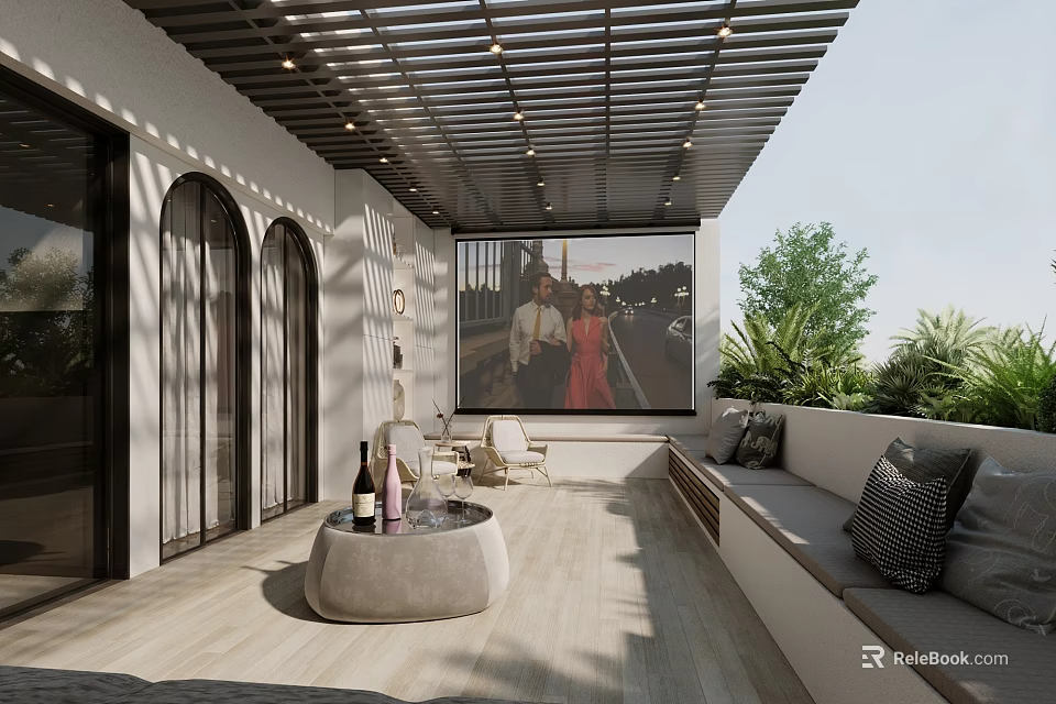 Stylish Garden Outdoor Lounge Area With Projection Seating And Greenery 3d model 