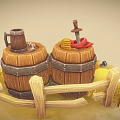 Cartoon Scene with Wooden Barrels Pumpkin Straw Sack of Grain Knife and Mug with Coins