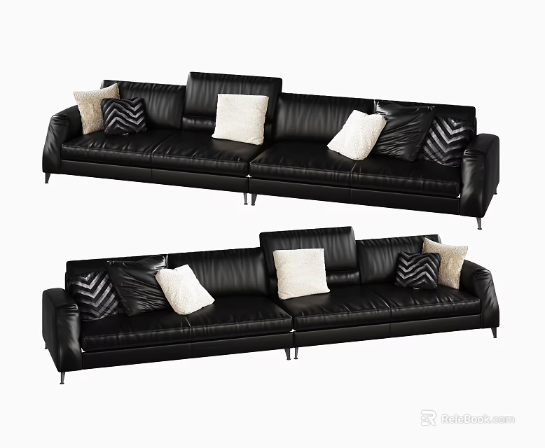 Modern Black Leather Sectional Sofa with White and Patterned Accent Pillows 3d model