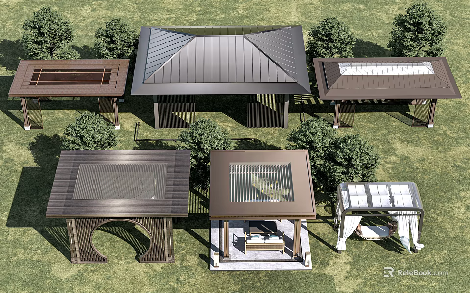 Other Outdoor Structures with Various Roof Designs Metal Wooden and Glass Elements in Garden 3d model 