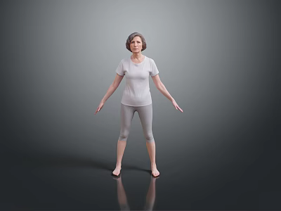 Woman Standing Barefoot In Gray T-shirt And Leggings With Arms Outstretched On Reflective Gray Floor 3d model