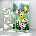Colorful Birdhouses With Arched Window Frame In Green Garden Decorative Setup