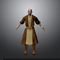 Man in Brown Robe with Beige Inner Garment Bald Head Standing Pose Gray Background