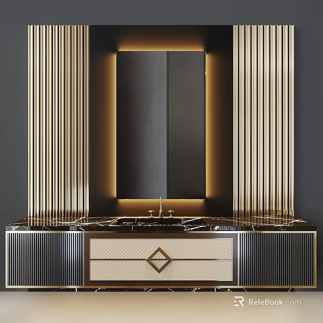 Elegant Modern Bathroom Vanity With Marble Countertop Illuminated Mirror Gold Accents And Diamond Drawer 3d model 