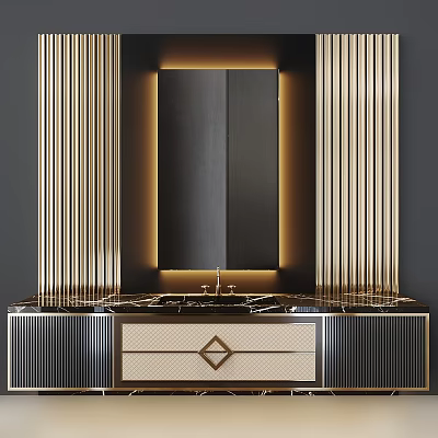 Elegant Modern Bathroom Vanity With Marble Countertop Illuminated Mirror Gold Accents And Diamond Drawer 3d model