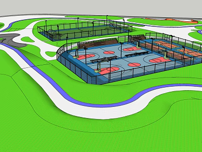 Multiple Fenced Basketball Courts With Green Lawn And Winding Pathways 3d model