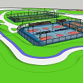 Multiple Fenced Basketball Courts With Green Lawn And Winding Pathways