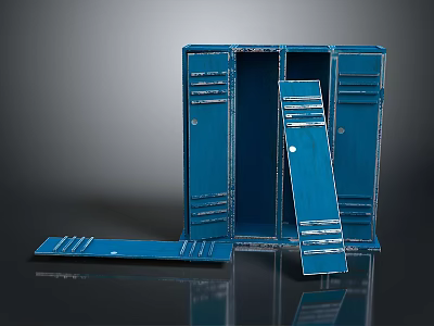 Blue Metal Lockers With Open Doors And Fallen Door In Artistic Design 3d model