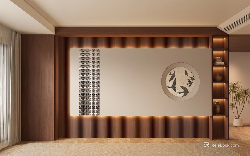 Wooden Slatted Sofa Background Wall With Circular Artwork And Warm Ambient Lighting 3d model 