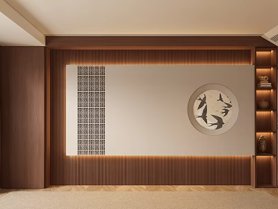 Wooden Slatted Sofa Background Wall With Circular Artwork And Warm Ambient Lighting 3d model