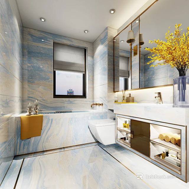 Modern Luxury Bathroom With Blue Marble Tiles And Elegant Golden Trim And Complete Premium Fixtures 3d model 
