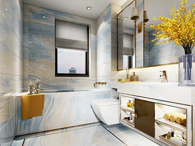Modern Luxury Bathroom With Blue Marble Tiles And Elegant Golden Trim And Complete Premium Fixtures 3d model