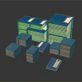 Modern Blue Storage Furniture Featuring Stacked And Separately Placed Boxes Of Various Sizes