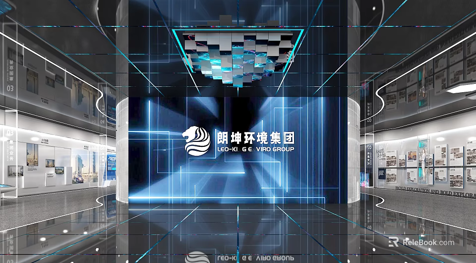 Modern Corporate Exhibition Space Interior Design With Technological Blue Lighting And Digital Screens 3d model 