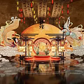 Traditional Commercial Landscape with Lanterns Calligraphy Scrolls Moon Shaped Background Fairy Figures and Cloud Patterns