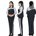Woman Wearing Black And White Tracksuit With Long Hair Three Angles View