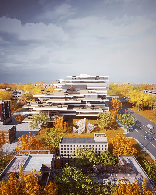 Modern Multi Story Urban Building Exterior With Trees And Road View 3d model 