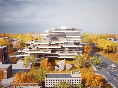 Modern Multi Story Urban Building Exterior With Trees And Road View 3d model