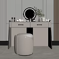 Modern Dressing Table with Round Mirror White Stool Potted Plant and Cosmetics on Sleek Surface