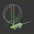 White Mouse Exploring Golden Hamster Wheel With Metal Frame On Reflective Surface 3d model