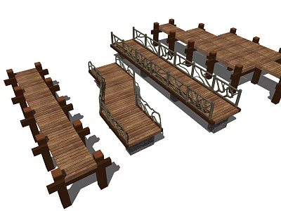 Different Wooden Bridge Structures With Ornate Railings And Classic Design 3d model