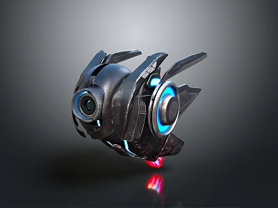 Futuristic Black Metallic Mechanical Device With Blue Light Ring Red Glow And Wing Like Structures 3d model