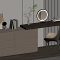 Light Beige Modern Dressing Table With Drawers Round Mirror Books Green Plant And Matching Chair