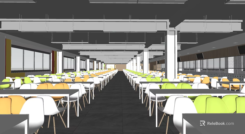 Modern Cafeteria Interior With Long Tables Colorful Chairs Ceiling Lights And Windows 3d model