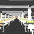 Modern Cafeteria Interior With Long Tables Colorful Chairs Ceiling Lights And Windows 3d model