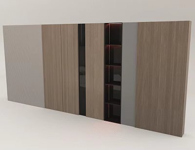 Modern Wooden Background Wall With Storage Cabinets Glass Doors And Warm Lighting 3d model