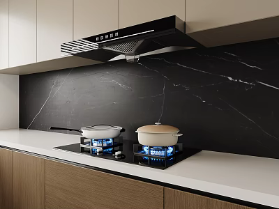 Contemporary Kitchen Stove Area With Black Marble Backsplash Modern Range Hood And Wooden Cabinets 3d model