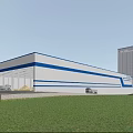 Blue And White Industrial Factory Building With Steel Structure Green Lawn Trees And High Rise
