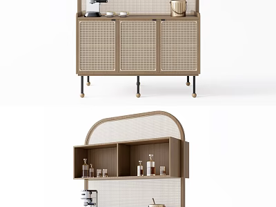 Modern Woven Door Storage Cabinet Shelf With Metal Legs Open Compartments And Coffee Machine 3d model