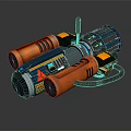 Futuristic Orange And Blue Cylindrical Mechanical Weapon With Warning Signs And Black Connectors