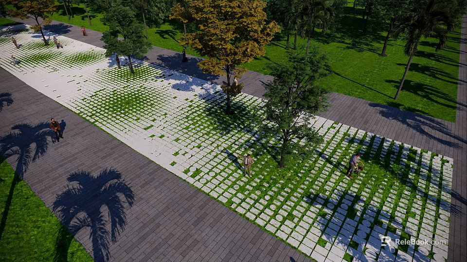 Garden Features With Grid Patterned Paving Green Lawn And Trees For Pedestrians 3d model 