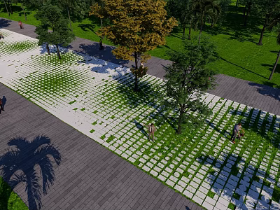 Garden Features With Grid Patterned Paving Green Lawn And Trees For Pedestrians 3d model