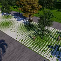 Garden Features With Grid Patterned Paving Green Lawn And Trees For Pedestrians 3d model